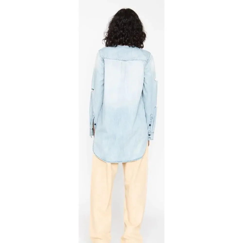 #210 NWT FREE PEOPLE x SANDRINE ROSE Mandarin Neckline Raw Edge Denim Shirt SzSm
